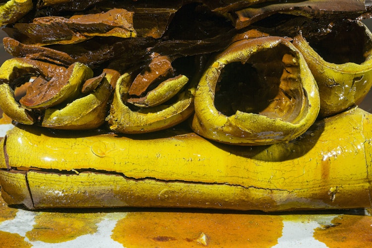 Details of Stack, tube forms, yellow by Torbjørn Kvasbø, 2012-2014. Gyeonggi International Ceramic Biennale, 2017, Korea.