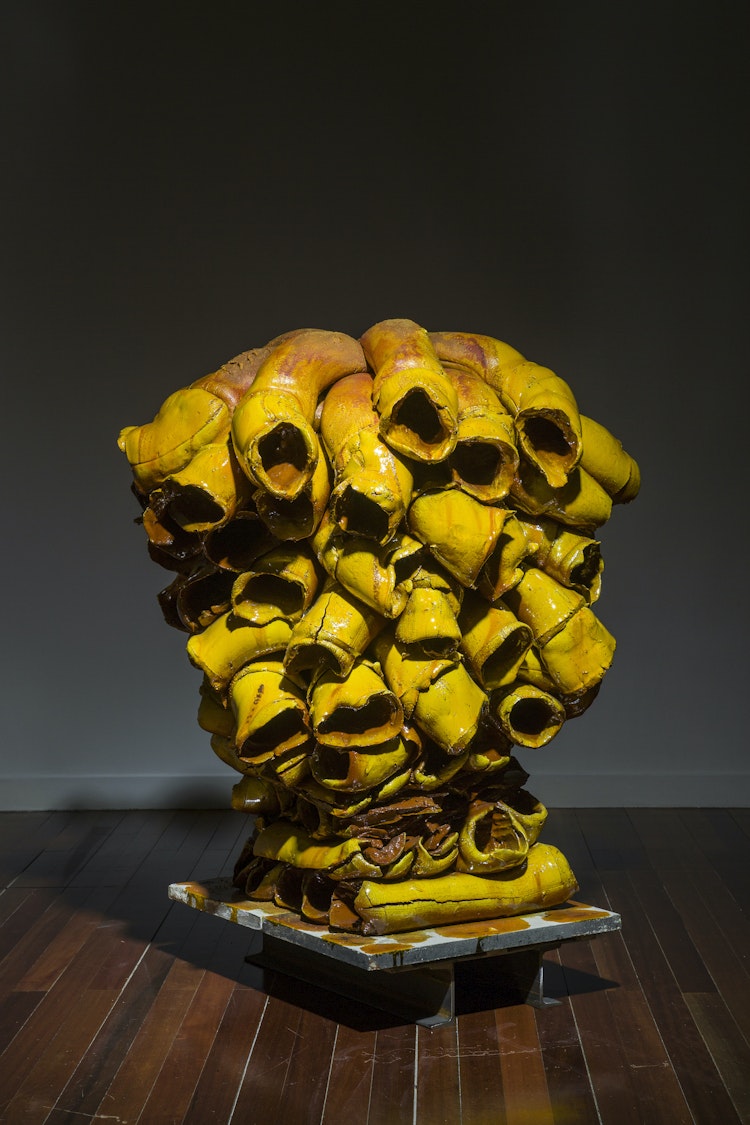 Stack, tube forms, yellow by Torbjørn Kvasbø, 2012-2014. Exhibited at Gyeonggi International Ceramic Biennale, 2017, Korea.